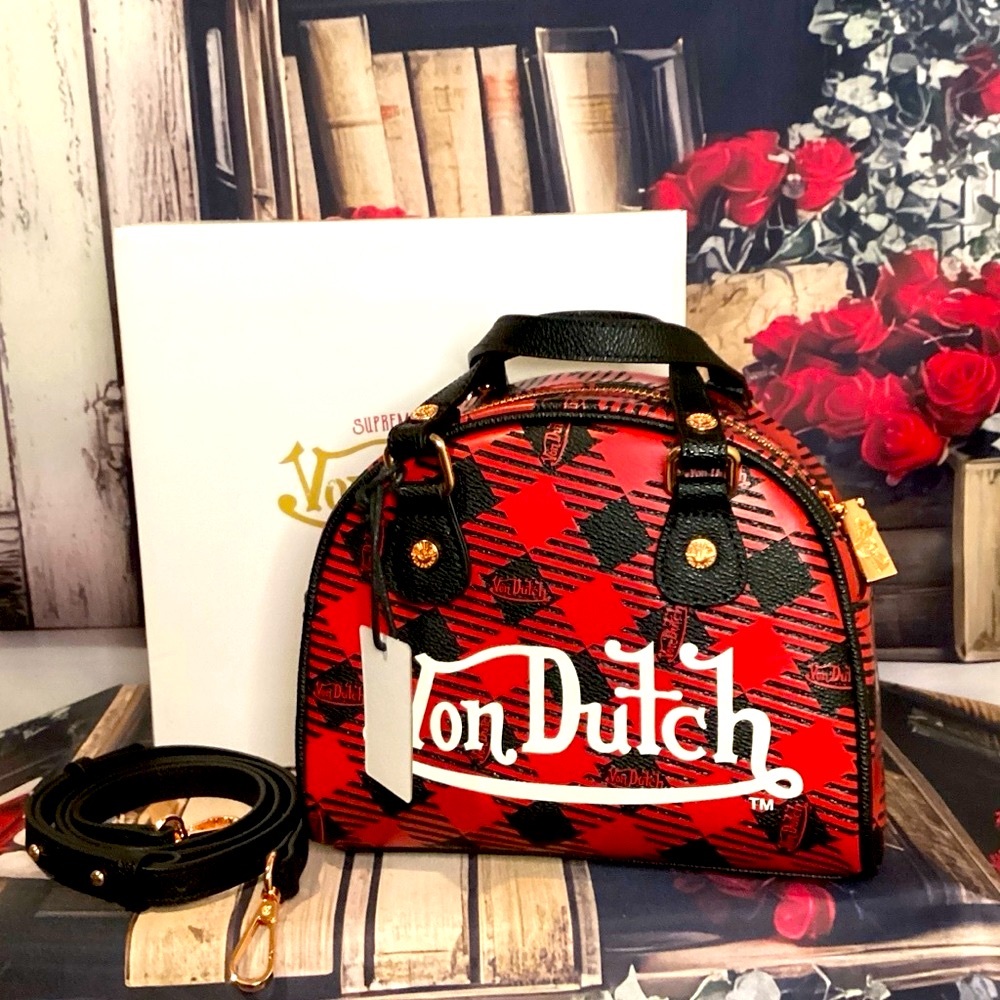 Von Dutch Black and Red Plaid Print Bowling Style Small Crossbody Bag